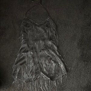 Fringe Halter Dress in Shimmering Gray